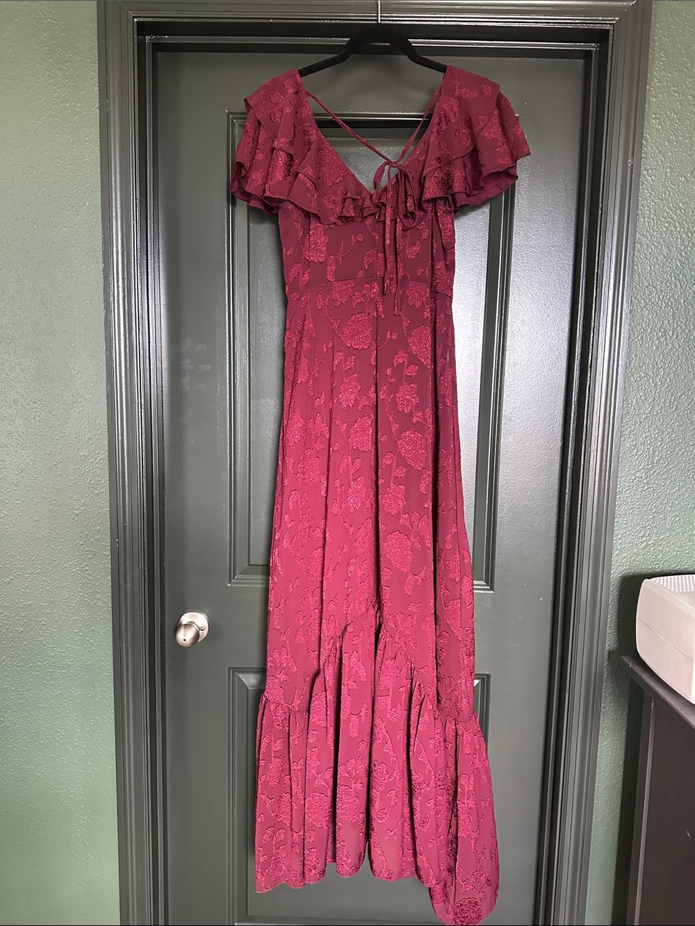 Francesca’s Ruffled V-Neck Maxi Dress in Deep Raspberry - Picture 2 of 3